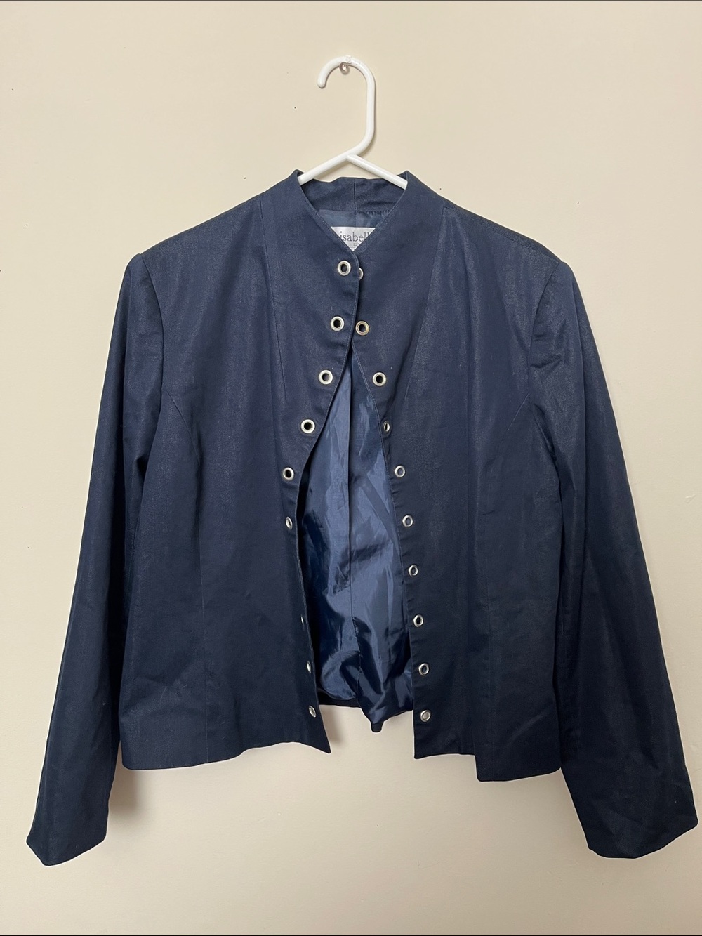 Women's Navy Eyelet-Front Stand Collar Blazer